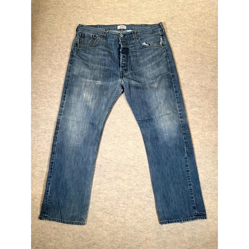 Levis 501 Original Straight Leg Jeans Men 38x30 Blue Whiskering Denim Button Fly